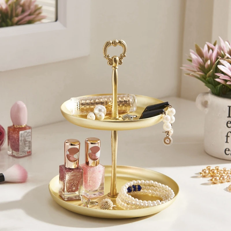 

Two-Tier Golden String Disk - Entrance Key Mirror Tray For Jewelry Decoration Receipt Box Dresser Necklace Ring Earring Tray