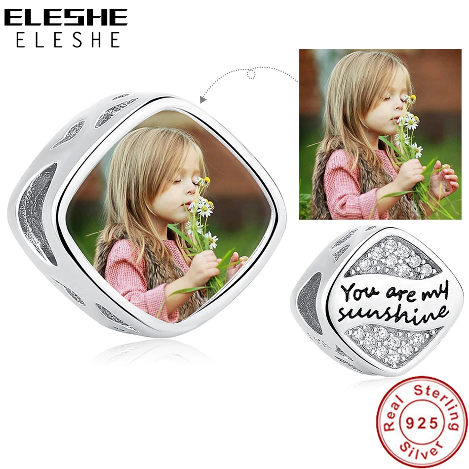 ELESHE-amuleto cuadrado de cristal blanco para mujer, de plata de ley 100% 925, imagen Personal personalizable con You are my sunshine, apto para joyería
