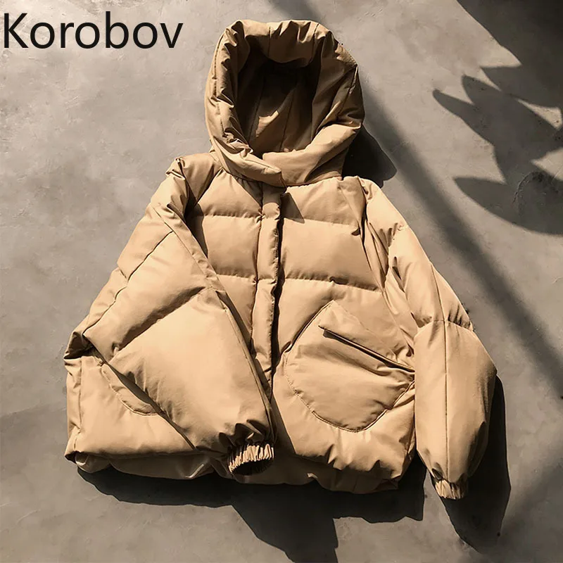 Korobov/Корейская однотонная женская куртка с капюшоном и длинным рукавом винтажные