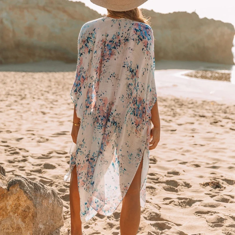 Summer Mid-length Slit Chiffon Beach Sunscreen Blouse Holiday Style 2021 Vintage Floral Print Long Cardigan Tops Women Cover Ups bathing suit skirt cover up