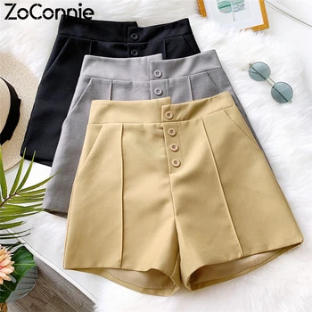 

2020 New Women's Wide Leg Shorts Button Fly With Pockets Hots Short Pants Spring Summer High Waist A-Line Women Shorts