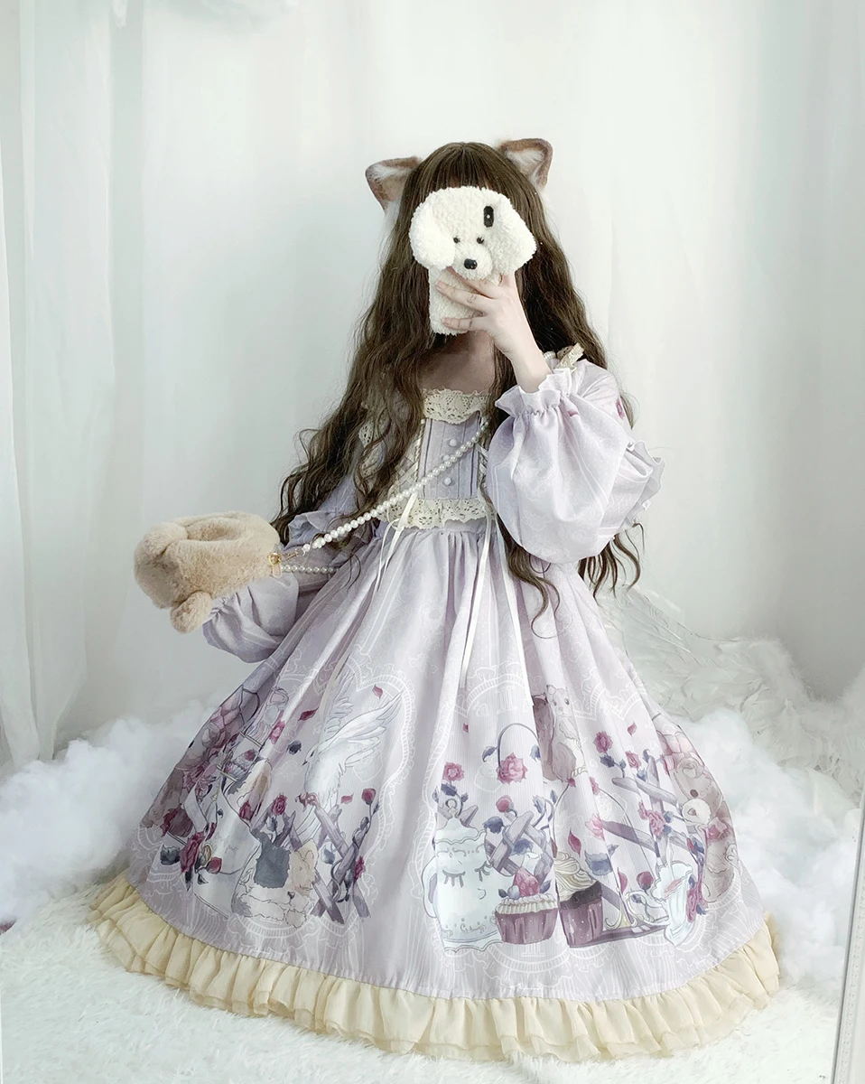 Kawaii Bear Rose Garden/милое платье лолиты с длинными рукавами для девочек, модное платье Долли, японское женское платье для косплея, элегантное платье с оборками