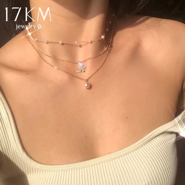 17KM Trendy Multilayered Butterfly Pearl Necklace For Women Fashion Sun Star Gold Pearl Choker Necklaces 2021 Trend Jewelry Gift 1