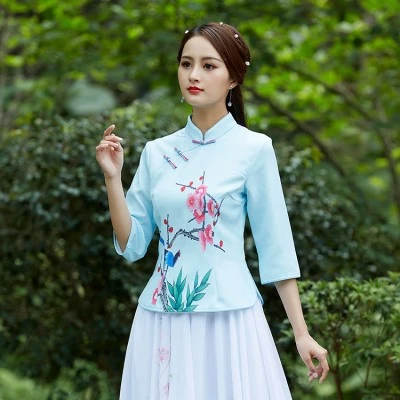 SHENG COOC рубашка китайская женщина желтый Cheongsam топы Magpie печать костюм в китайском стиле Осень - Цвет: blue chinese shirt