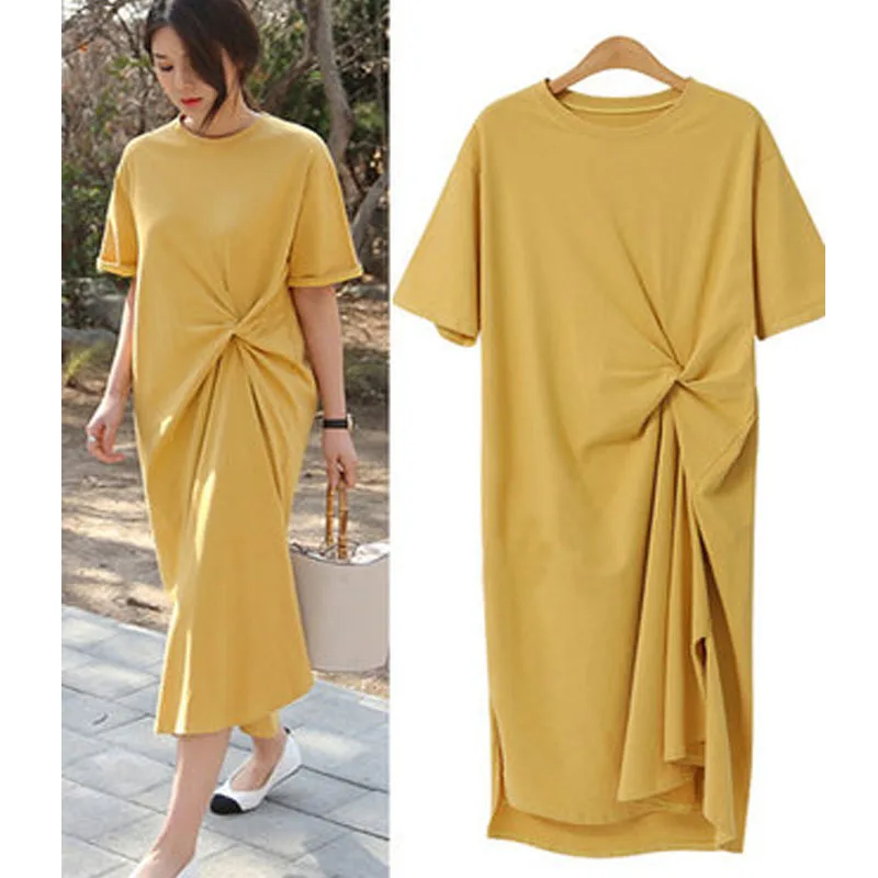 

2019 New Popular Women Dress Plus Size XXXXL Fat MM Loose Slim Dress Summer Short Sleeve Solid Color Tshirt Dress A128