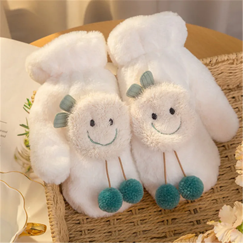 

1pair Women Winter Soft Gloves Cartoon smile face Plush Warm Mittens Female Cute Full Fingers Gloves Christmas Gift for Gir