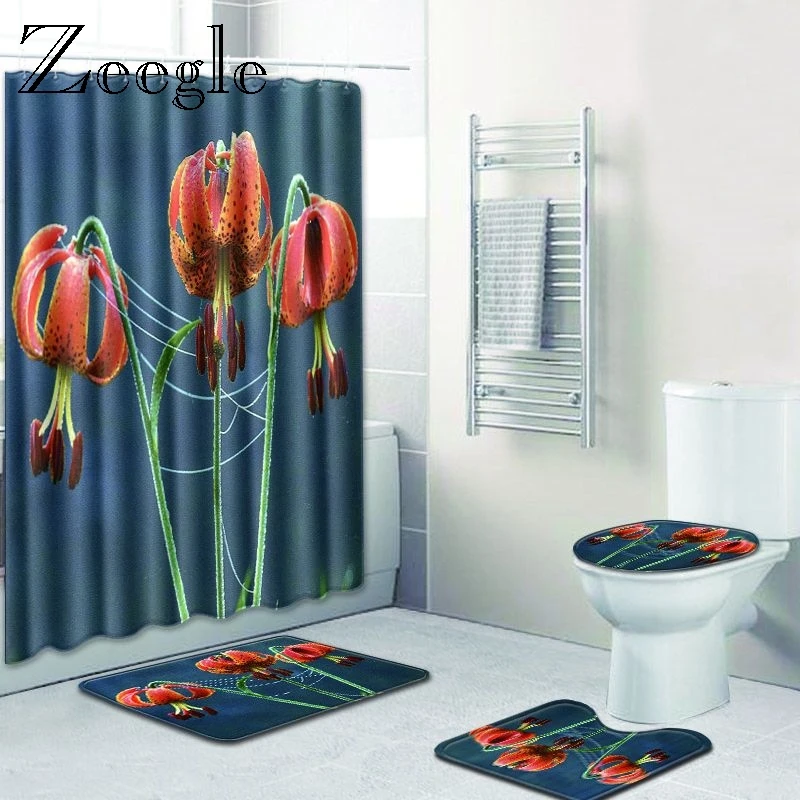 Zeegle 4pcs Toilet Set Anti Slip Toilet Pedestal Rug Foot Mat Polyester Toilet Seat Cover Mat Waterproof Bathroom Curtain Set