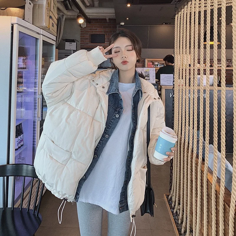 

2019 Winter Cowboy Joint Mock Two-Piece down Coat Off-white Short Short-height Loose-Fit Hooded Cotton-padded Clothes Women's Fa
