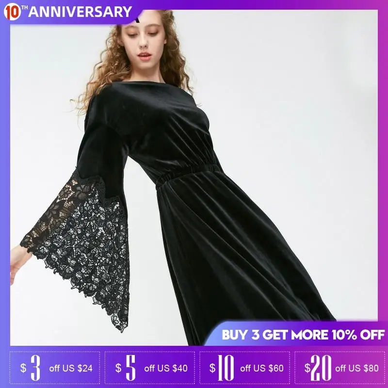 Vero Moda/осеннее бархатное платье с кружевными вязанными рукавами и оборками |