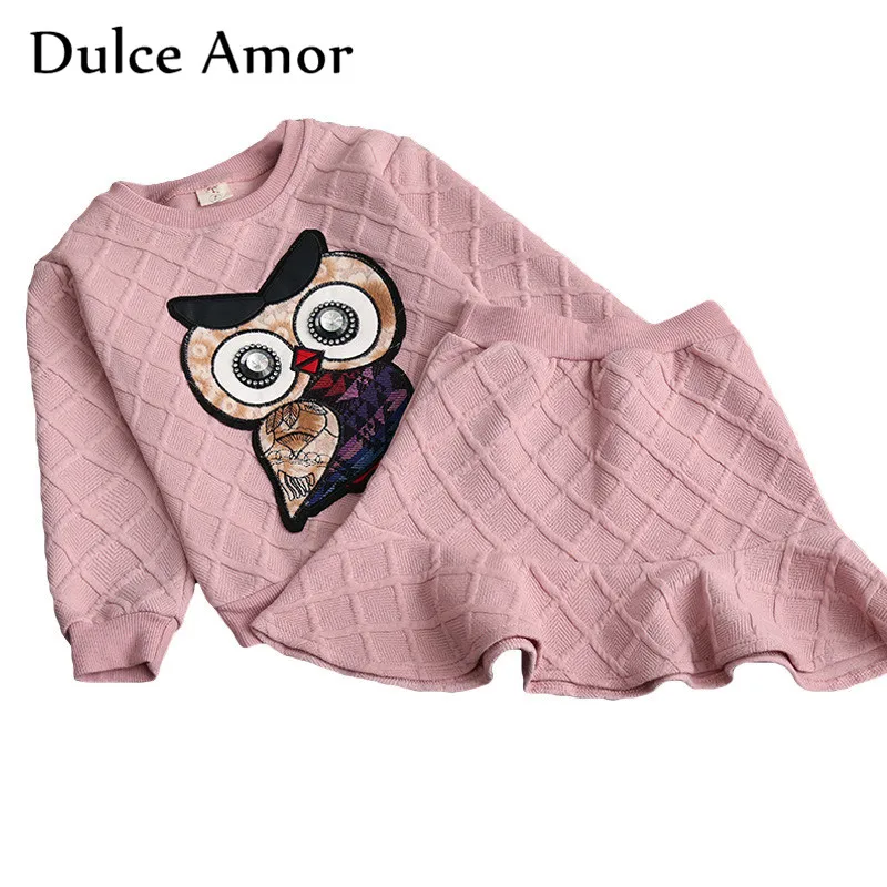 pink owl Дульсе Амор Девушки Одежда Комплект Новинка весны хлопок детская одежда костюм для девочек с длинными рукавами и изображением вышивка свитер с совой+ юбка - Цвет: pink owl