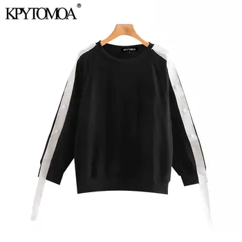 

Vintage Stylish Ribbon Patchwork Loose Sweatshirt Women 2020 Fashion O Neck Buttoned Long Sleeve Female Pullovers Chic Tops