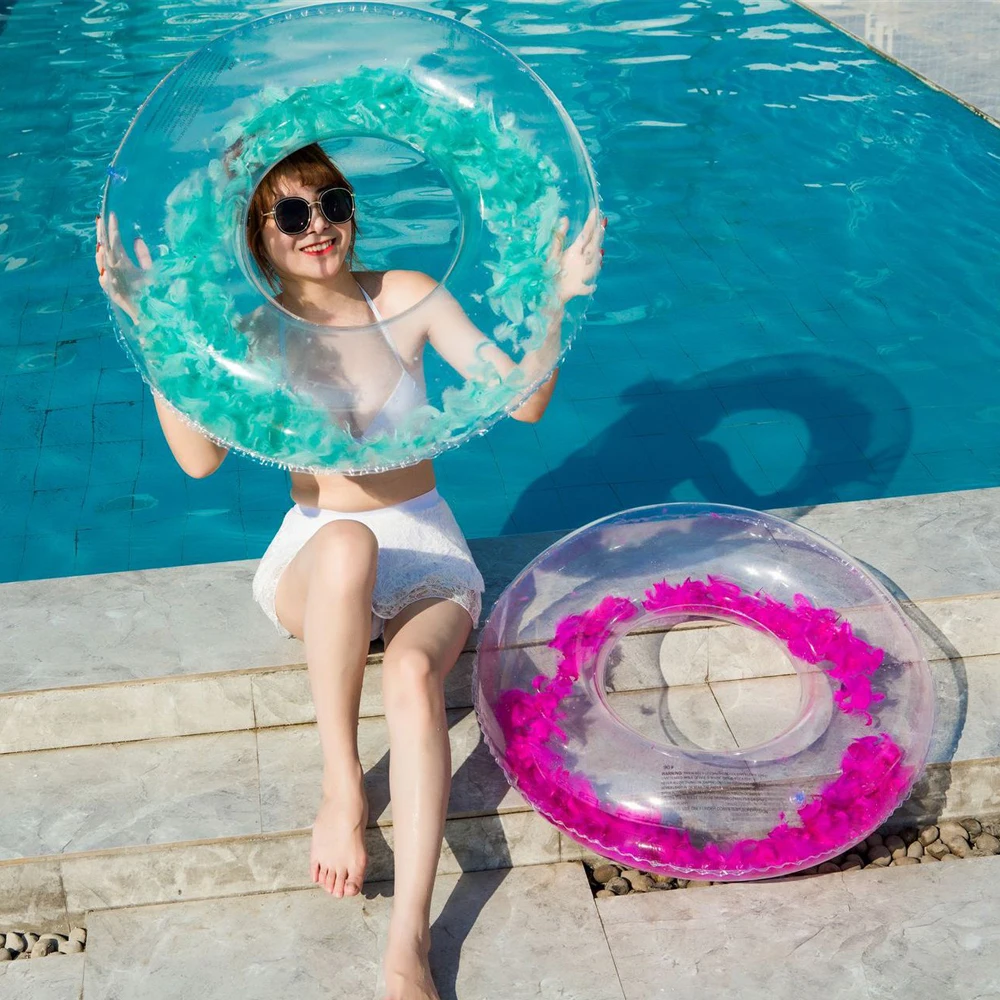 

Feathers inside adult Pool floats Transparent Inflatable Swimming Circle Water float Buoy Rubber Swim Ring PVC Boat Pool Toys
