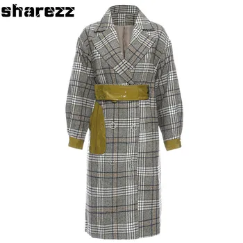 

Sharezz Autumn Winter 2020 New Loose Fit Gray Plaid Temperament Woolen wool Coat Parkas New Long Sleeve Women Fashion outwear