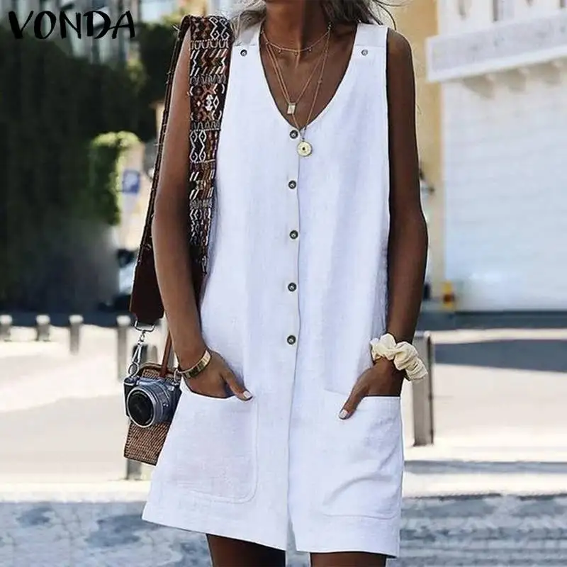 VONDA женские брюки летние костюмы, женские комбинезоны, сексуальные без рукавов, плюс размер, винтажные короткие брюки, повседневный комбинезон