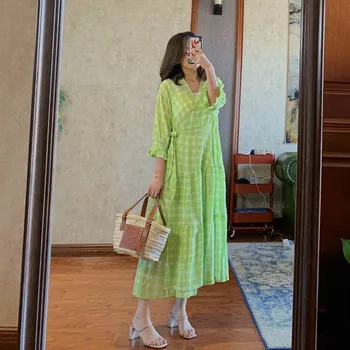 

Women Dress Fresh Pastoral Style Green Plaid Wrapped Puff Sleeve Dress