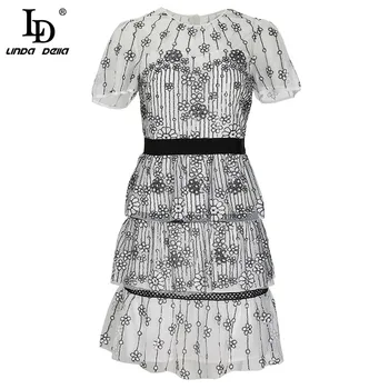 

LD LINDA DELLA Summer Fashion Runway Mesh Cake Dress Women Short sleeve Sequined Lace Embroidery Vintage Ladies Midi Dresses
