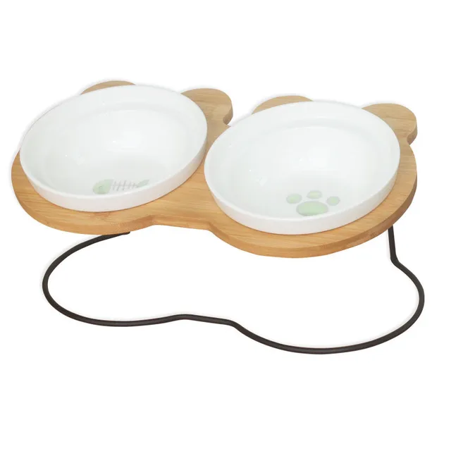 New High-end Pet Bowl Bamboo Shelf Ceramic Feeding and Drinking Bowls for Dogs and Cats Pet Feeder Accessories 2