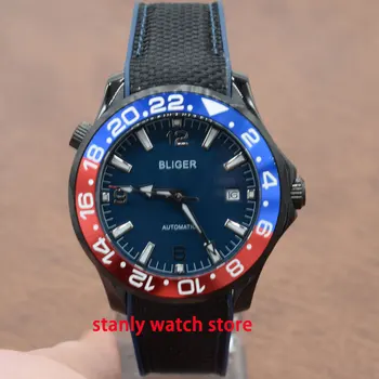 

Luxury brand Bliger 41mm blue dial luminous marks blue red bezel sapphire glass rubber strap automatic movement men's watches