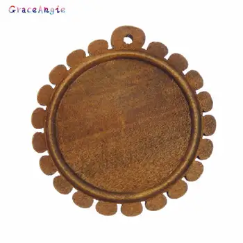 

5pcs Vintage Hollow Round Bezel Cup Tray Blank Base Cabochon Pendant Wood Printing Charms For Necklace Earring DIY Findings