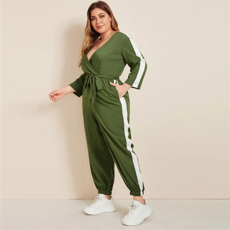 SHEIN плюс размер цветной блок Surplice передний комбинезон с поясом женский весенне-осенний Повседневный v-образный вырез длинный рукав спортивные длинные Комбинезоны