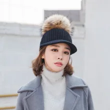 Зимняя теплая женская шапка с натуральным животным помпоном 15 см, шапки с помпоном из енота, вязаная шапка, Женская лыжная шапка для улицы