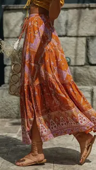 

Elastic waist printed fringe skirt