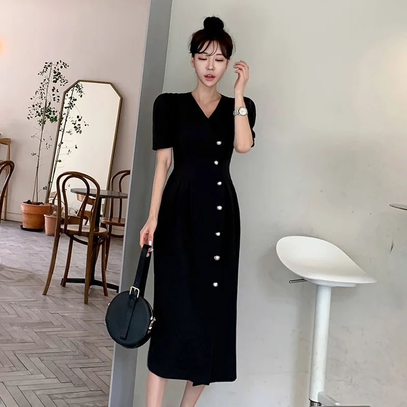 

2019 Summer New Style Korean-style Elegant Goddess-Style V-neck Short Sleeve Slim Fit-Style Single-Breasted Mid-length Dress