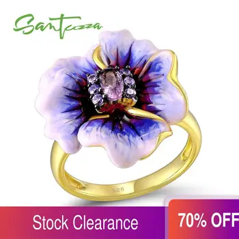 

SANTUZZA Silver Ring For Women Genuine 925 Sterling Silver Purple Blooming Flower Glamorous Fashion Jewelry Handmade Enamel