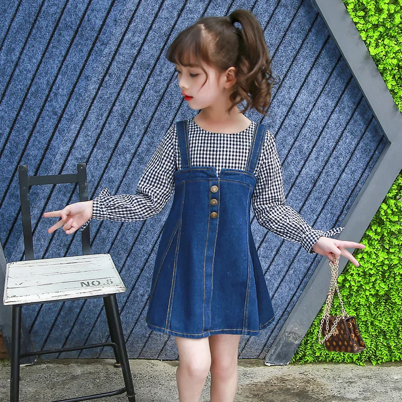 

Childrenswear Spring Middle And Large Children Girls Plaid Stitching Denim Skirt Fake Two-Piece Korean-style Dress Spring And Au