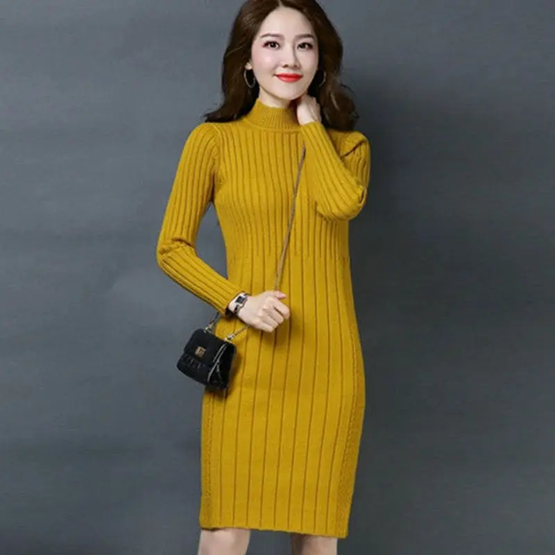 

Autumn Winter Women Knitted Dress Casual Half Turtleneck Sweater Dresses Lady Slim Bodycon Long Sleeve Bottoming Dress Vestidos