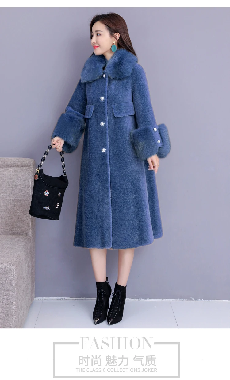 Women winter faux fox fur collar warm artificial sheep fur cashmere fabric medium long coat casacos abrigos plus size MLXLXXL4XL