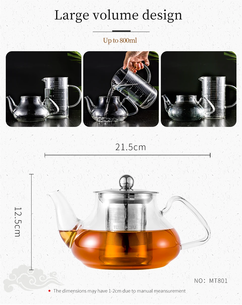 800ml Heat Resistant Teapot with Stainless Steel Infuser Tea Pot Borosilicate Glass Kettle Teapots Stainer for Loose Leaf Tea