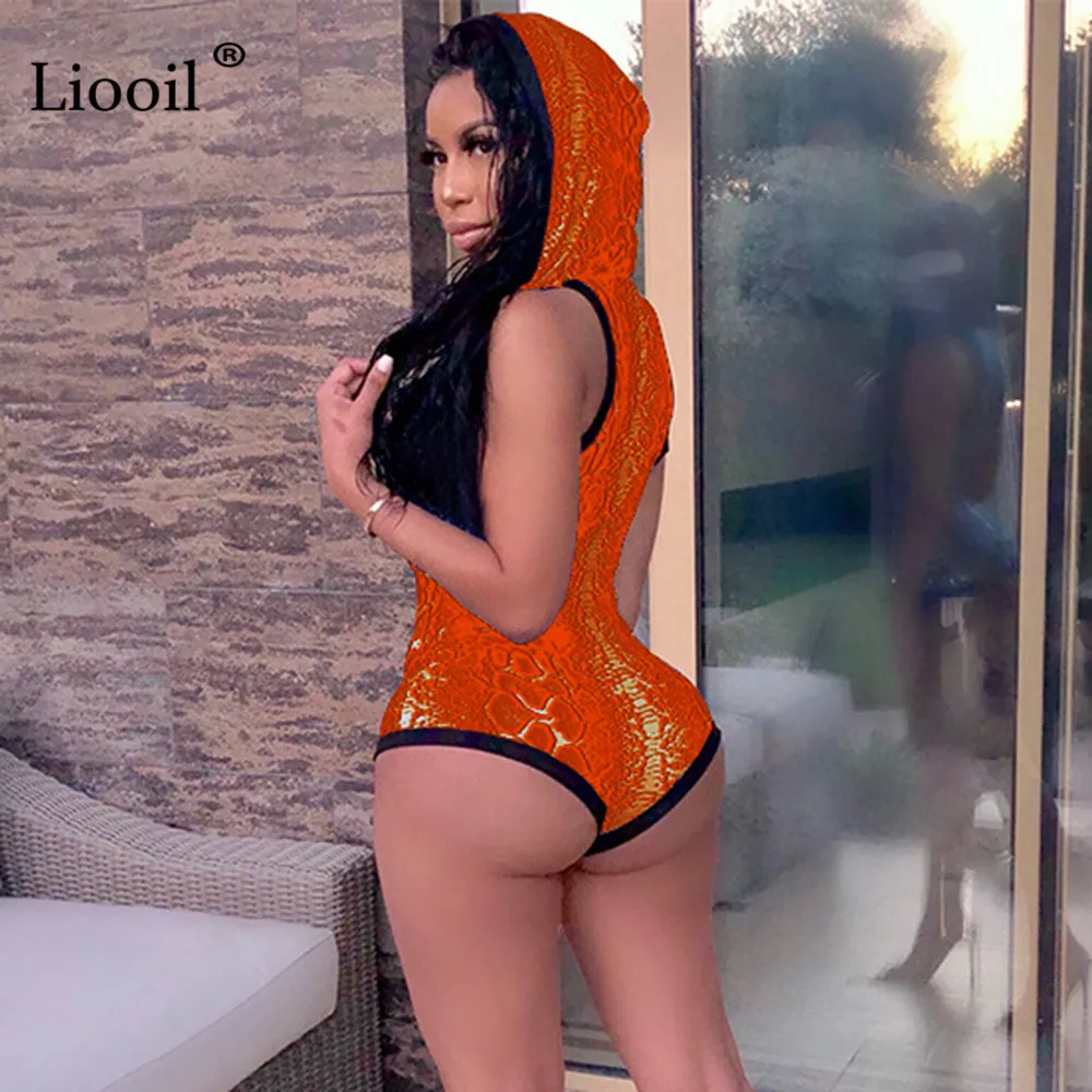 Liooil облегающее боди со змеиным принтом, женские Сексуальные облегающие комбинезоны с капюшоном, без рукавов, открытые, вечерние, Клубные комбинезоны, женский комбинезон