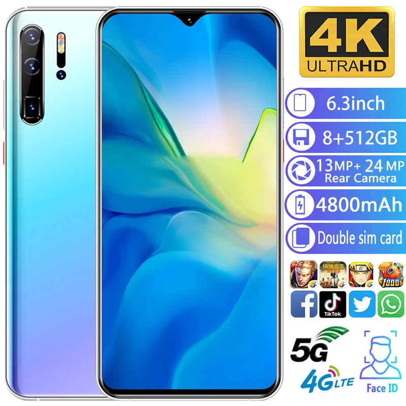 Smartphone P30pro phones MTK6592 6.3inch HD Mobile phone 1440*3040 Unlocked smartphone 8GB+512GB Camera 13MP+24MP