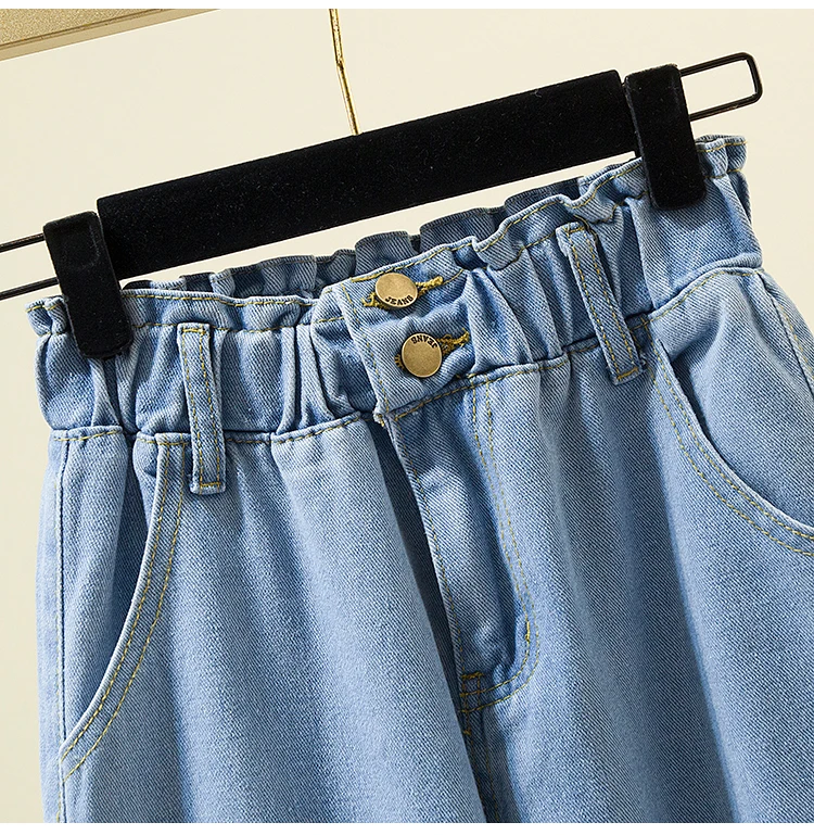 calças de brim retas para mulher primavera outono borlas azul solto denim calças de cintura elástica perna larga calças
