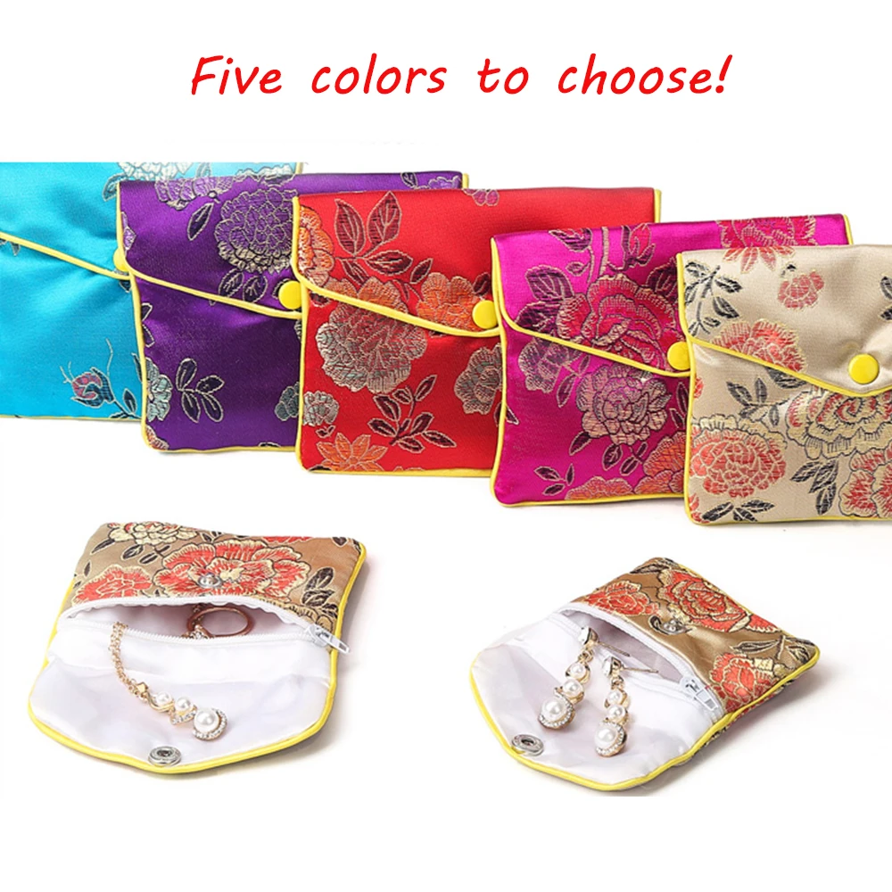 Hot Sale Chinese Brocade Handmade Silk Embroidery Padded Zipper Small Jewelry Gift Storage Pouch Bag Snap Case Satin Coin Purse