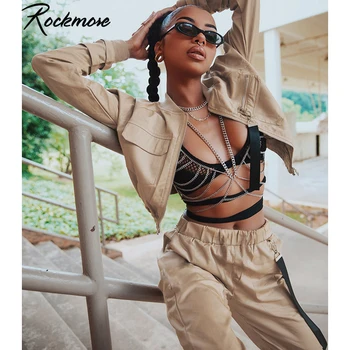 

Rockmore Black Gothic Zipper Jacket Women Long Sleeve Autumn Casual Buckle Overcoats Streetwear Cropped Coats Female Jackets