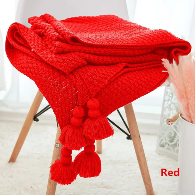 Вязаное одеяло для кровати с кисточкой, простое одеяло для путешествий, вязаное одеяло для кровати, чехол для дивана, модный ковер 130x170 см - Цвет: Red