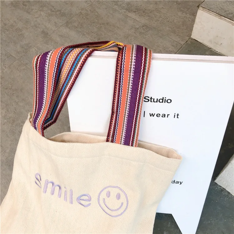 Embroidered Smiley Face Women Canvas Handbags Large Capacity Ladies Eco Reusable Shopping Bags Student Girls Books Shoulder Bag