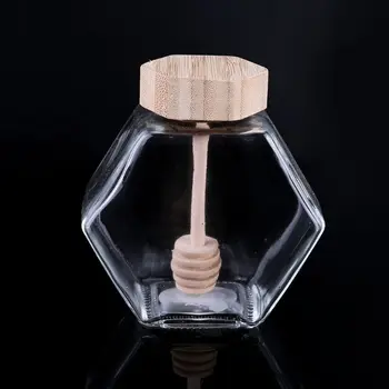

220ML/380ML Hexagonal Glass Honey Bottle with Wooden Stirring Rod Honey Packaging Bottle Small Honey Bottle Container Honey Jar