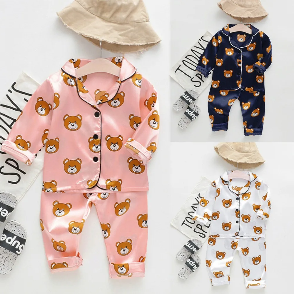 Unisex boy long sleeve cartoon bear shirt girls trousers pajamas set customized wholesale clothing термобелье для мальчика 40A1 (5)