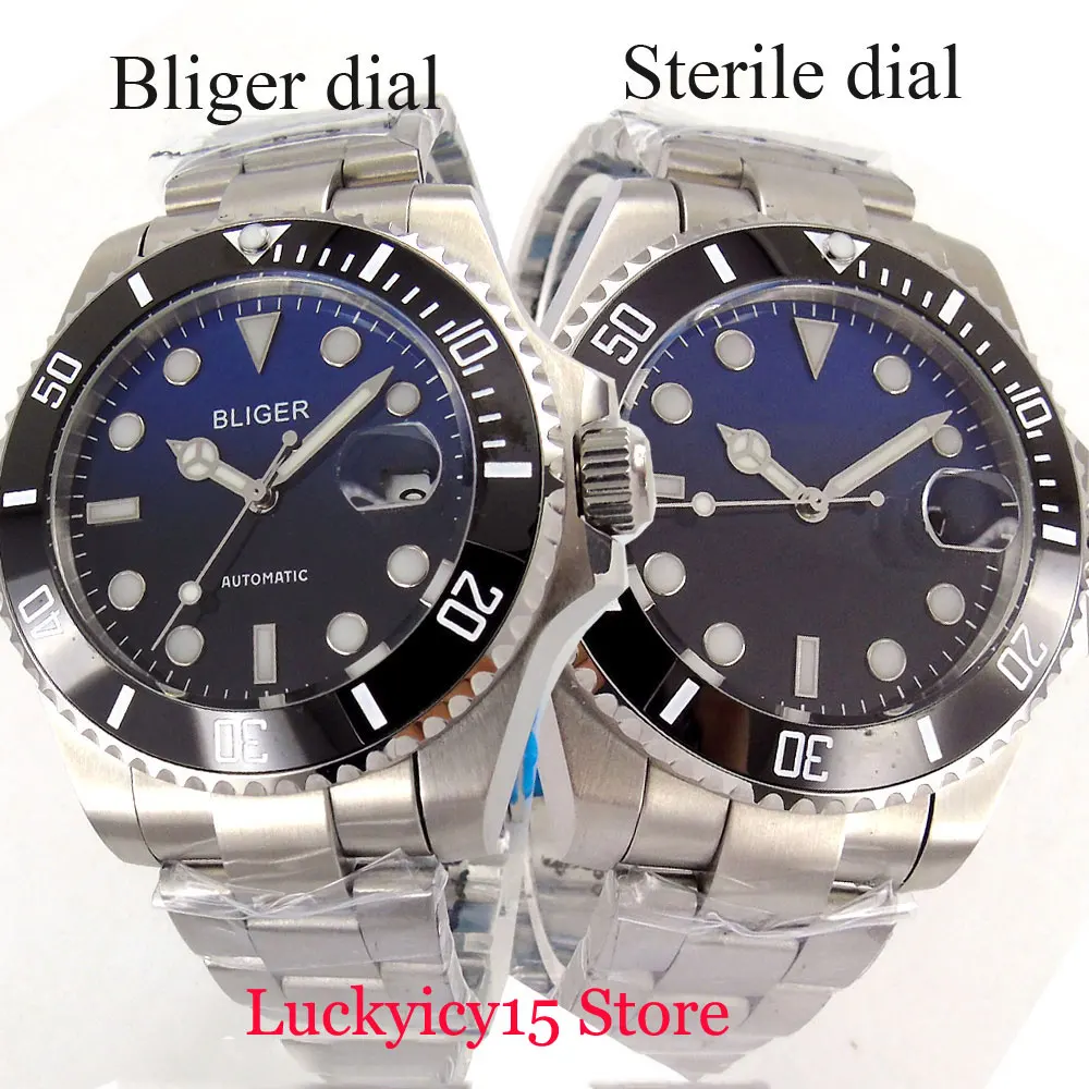 

Business Style Stainless Steel 40mm Men's Watch Automatic Movement Date Black Blue Dial Ceramic Bezel mental Strap