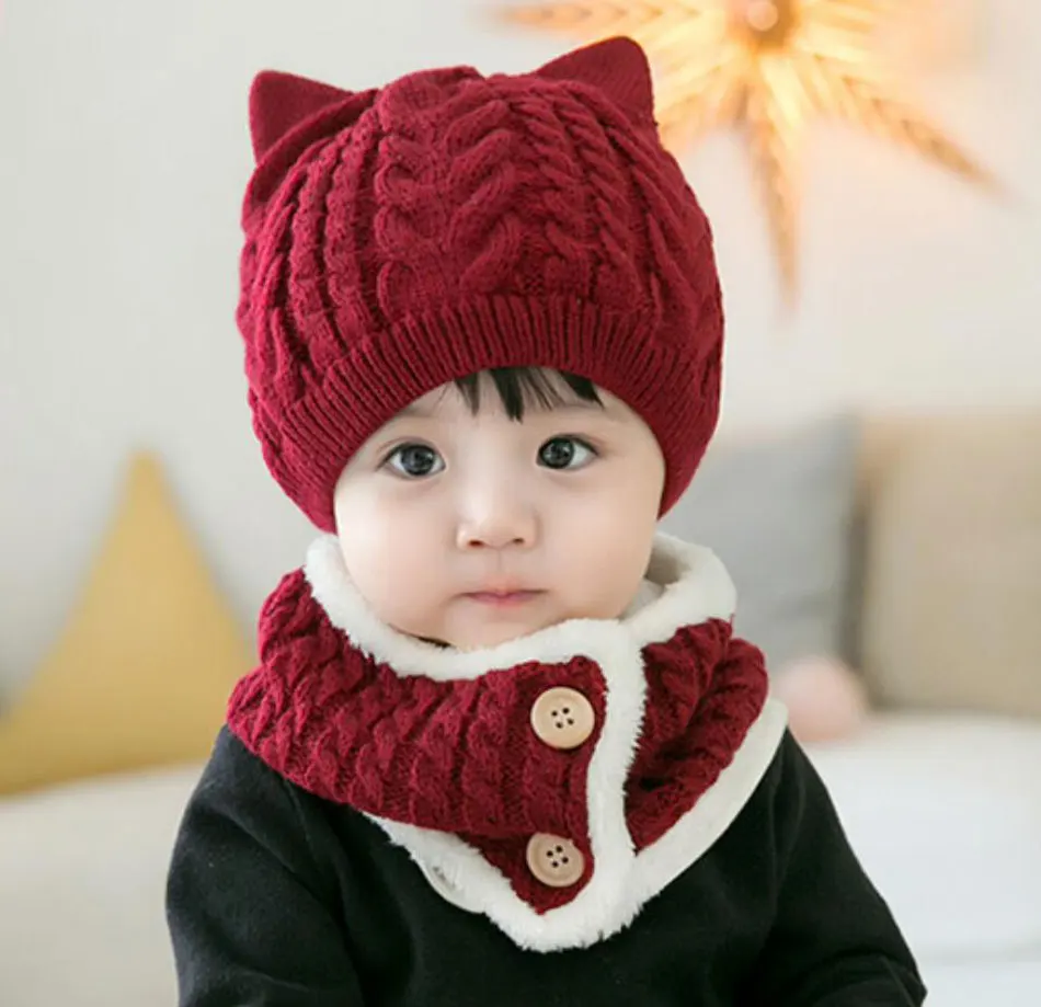 Winter Baby Girl Hat And Scarf Set For Children Boys Kids Thick Cable Knit Ear Beanie Cap Button Scarves Warm Wear 2 Pcs Suit