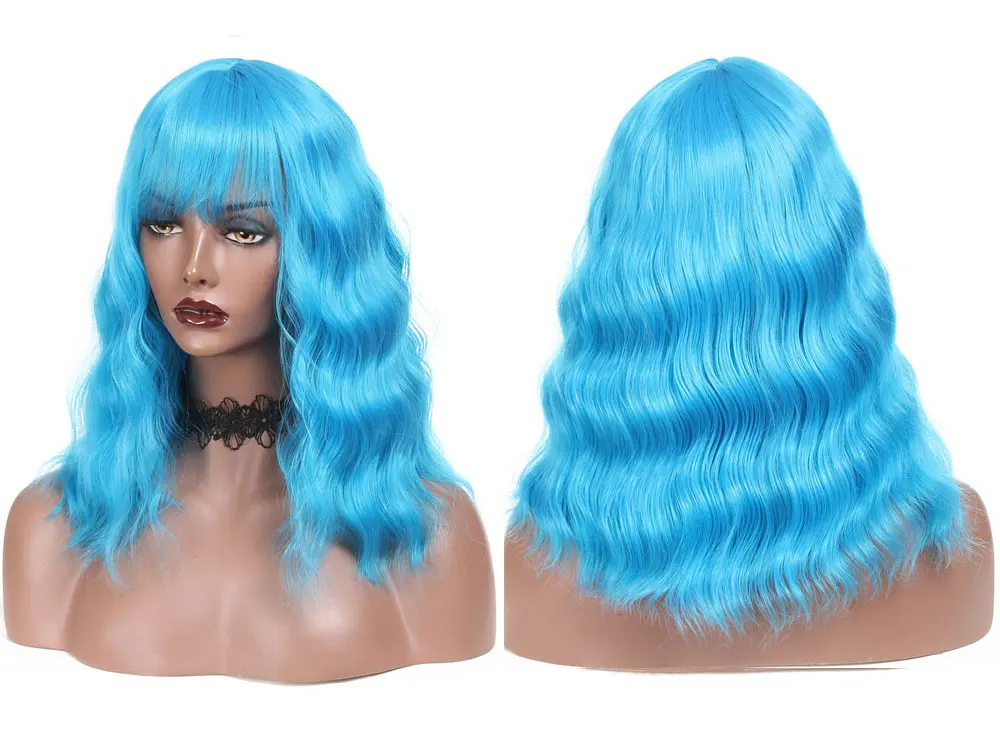 DQ Short Bob Wig with Bangs Water Wave Synthetic Hair Wig For Women Heat Resistant Fiber Pink Blonde Blue Purple Brown Ombre Wig