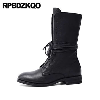 

lace up boots black high quality chunky mid calf 2019 celebrity winter round toe autumn genuine leather luxury brand shoes women