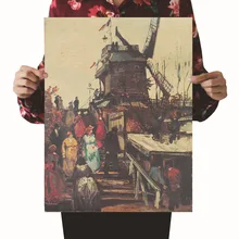 [A841] Ван Гог ткань Rutte фен ветряные мельницы Ретро плакат из крафт-бумаги экран для помещений кафе