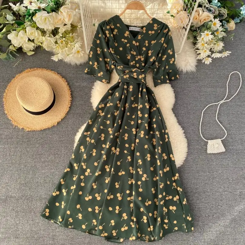 SINGRAIN Women Long Print Dress Summer Holiday French Korean Romantic Beach Dress Short Sleeve Clubwear Bohemian Floral Sundress