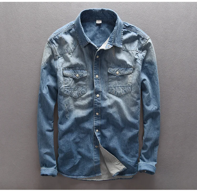 NEW Autumn Men Denim shirt Casual Slim Fit Streetwear Blouse Lapel Button Long Sleeve Tops