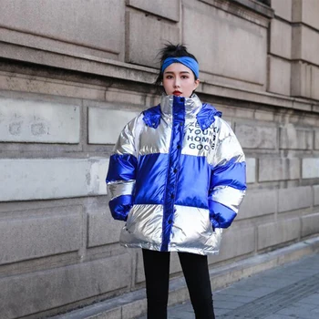 

2019 New Korean version student Winter Warm Glossy short Bread jacket women Fashion Warm thick letter print Hooded Coats