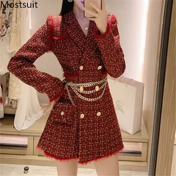 

Spring Fall Vintage Red Tweed Plaid Coat Blazer Gold Double Breasted Long Jacket Woolen Suit Tops Outerwear With Chain Belt Bag
